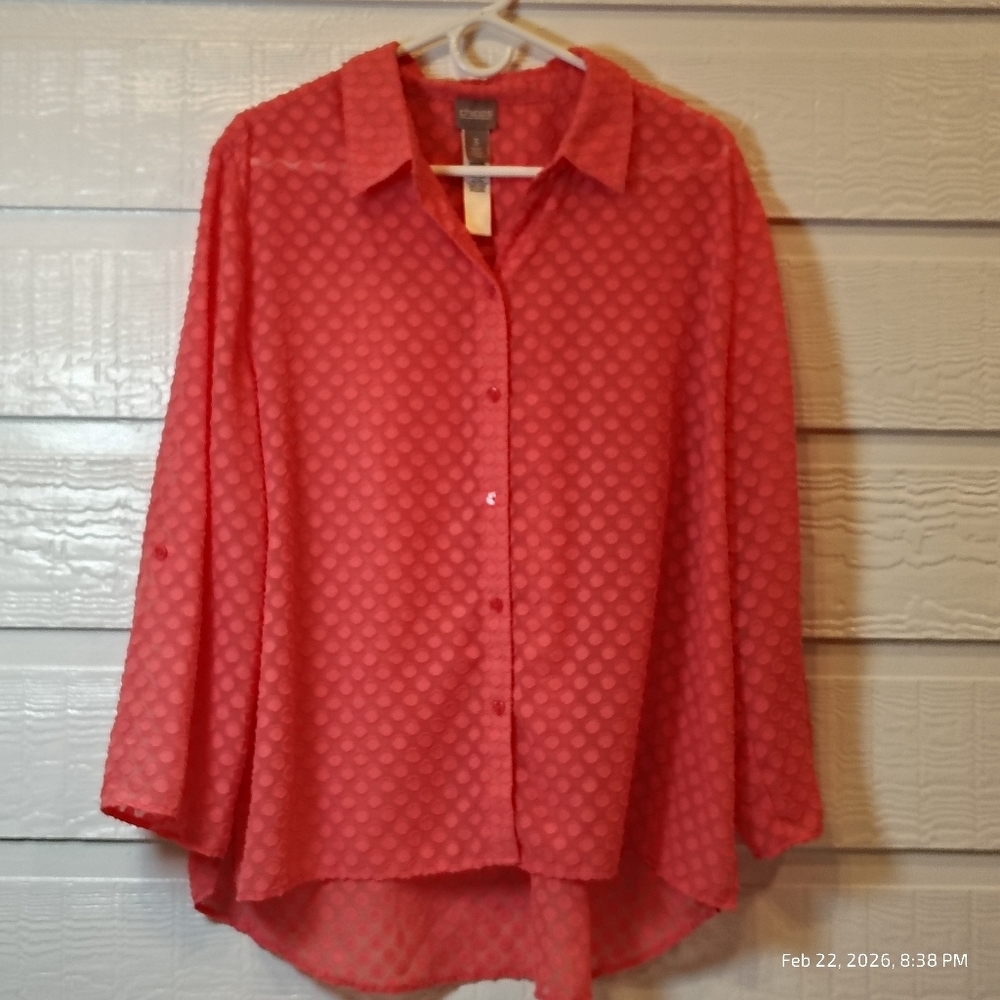 Chicos Sz 3 US XL Sheer Pink Polka Dot Blouse BUTTON DOWN HIGH‎ LOW